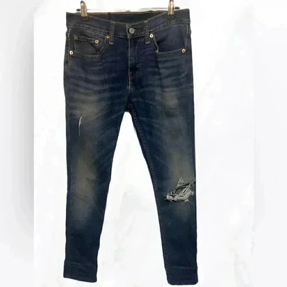 Levi’s 511 distressed mid rise dark wash 5 pckt ripped knee slim fit jeans 28